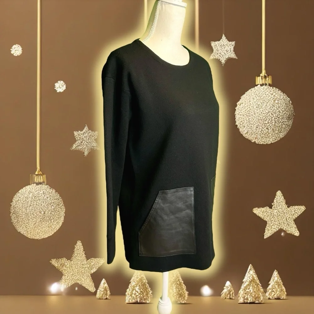 NWOT J. Crew Black ‘100% Merino Wool & Genuine Leather Pocket Sweater’ Size XS